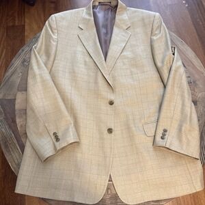 Petrocelli Men's Beige Tan Brown Plaid Windowpane Silk Wool Blazer Jacket  48L